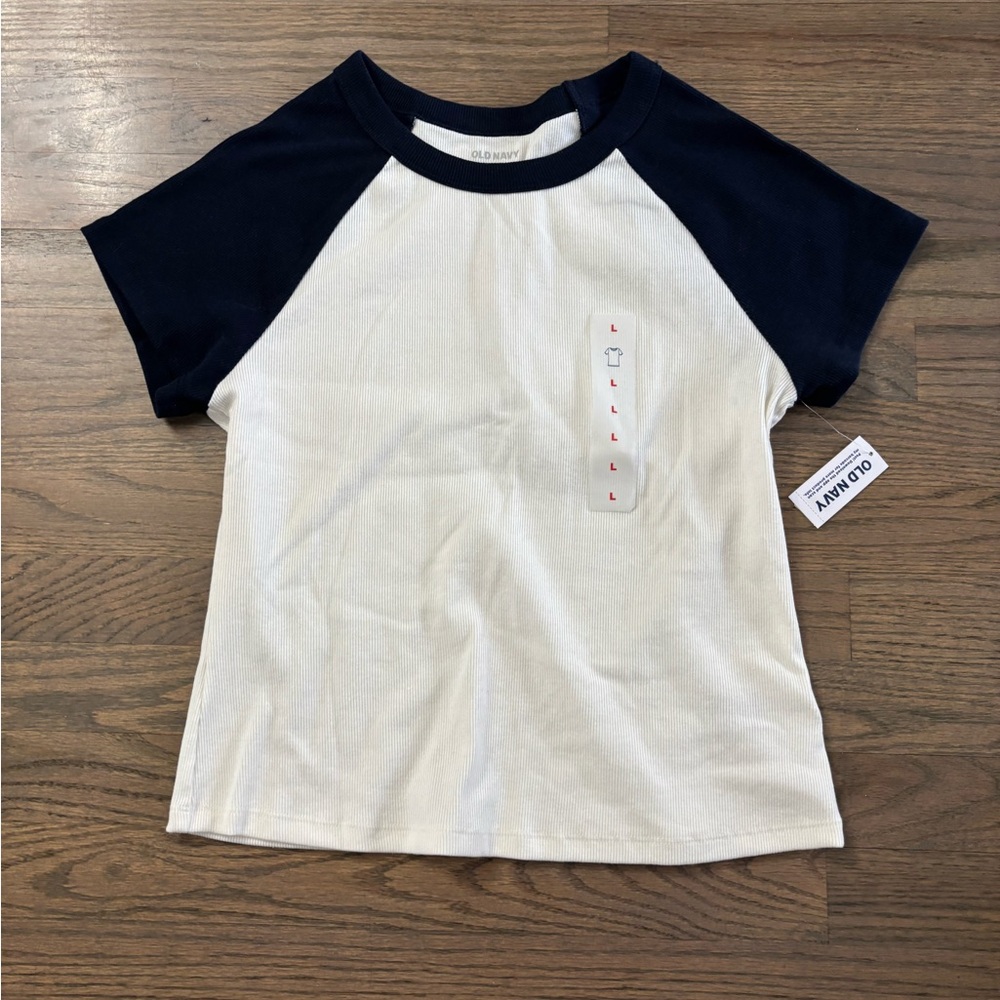 NWT Old Navy Women's Cream and Navy Raglan Baby Doll Ribbed Tee / Shirt